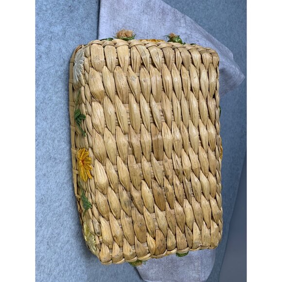 Vintage Handwoven Rattan Storage Basket With Floral Embellishments Handles 11x7 - Picture 6 of 11